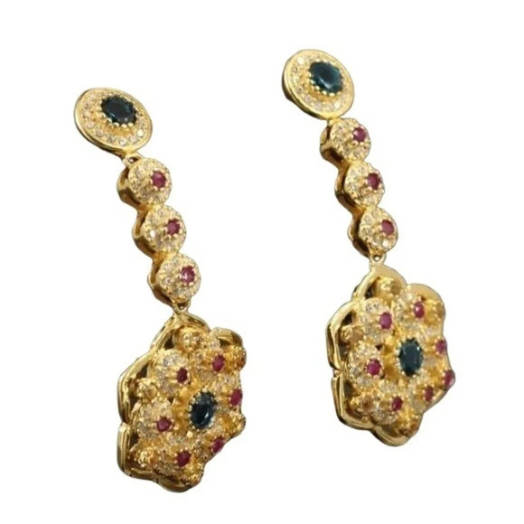 Gold Plated Sterling Silver Topaz Ruby CZ Dangle Earrings - Picture 4 of 7